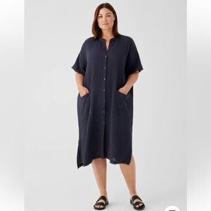 Eileen Fisher 100% Organic Cotton Gauzy Navy Dress Women’s Size XL Lagenlook